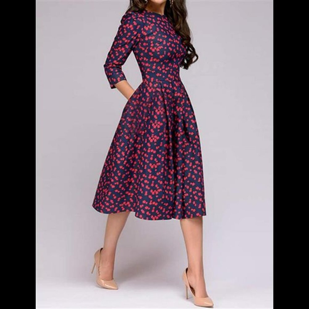 Women's Floral Vintage Dress Elegant Midi Evening Dress 3/4 Sleeves